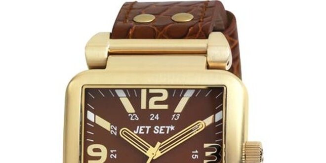 Zlaté hranaté hodinky s hnědým koženým páskem Jet Set