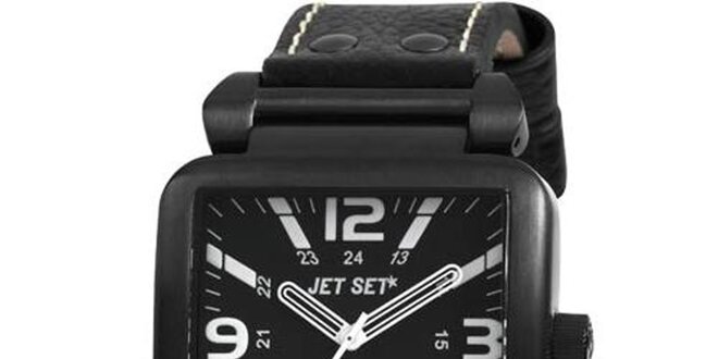 Černé hranaté hodinky s černým koženým páskem Jet Set