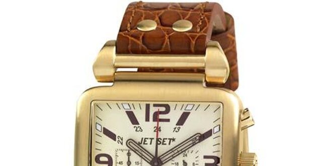 Unisexové zlaté hranaté hodinky s hnědým koženým páskem Jet Set
