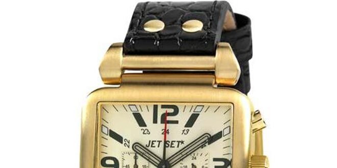 Zlaté hranaté hodinky s černým koženým řemínkem Jet Set