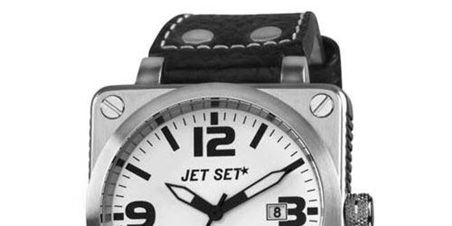 Ocelové hodinky Jet Set s černým koženým řemínkem