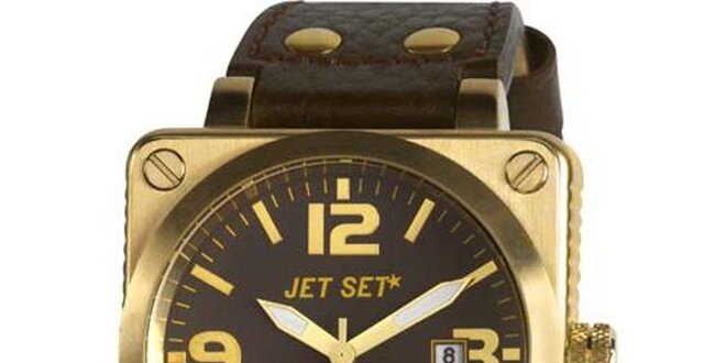 Zlaté ocelové hodinky Jet Set s černým koženým řemínkem