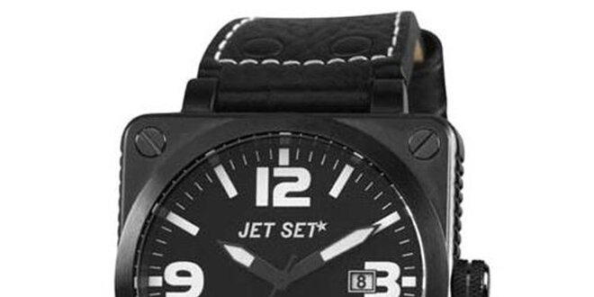 Černé ocelové hodinky Jet Set s koženým řemínkem