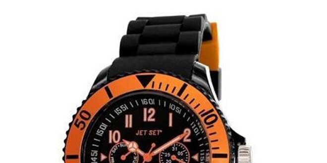 Černé plastové hodinky s oranžově lemovaným ciferníkem Jet Set