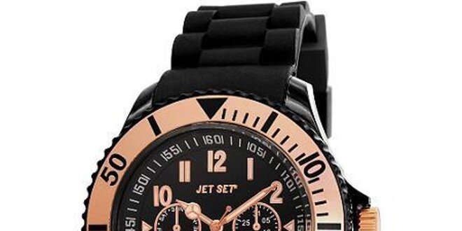 Černé plastové hodinky s bronzově lemovaným ciferníkem Jet Set