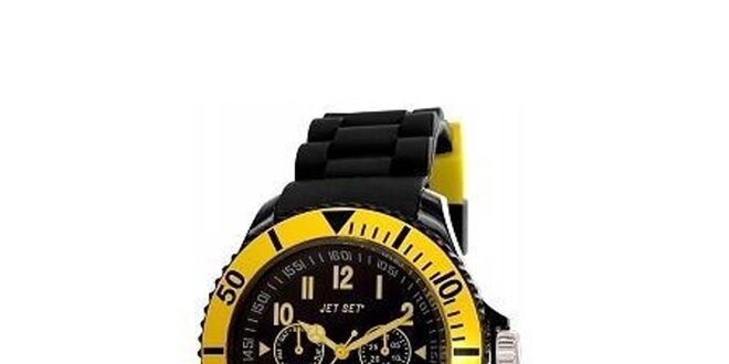 Černé plastové hodinky se žlutě lemovaným ciferníkem Jet Set
