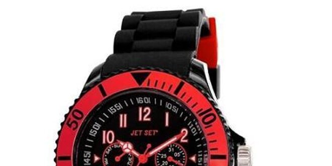 Černé plastové hodinky s červeně lemovaným ciferníkem Jet Set