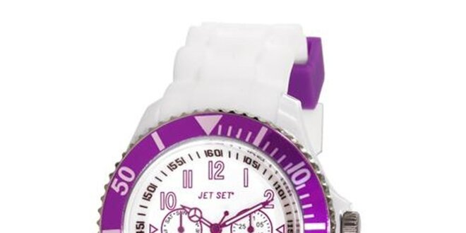 Bílé plastové hodinky s fialově lemovaným ciferníkem Jet Set