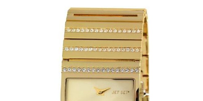 Dámské zlaté analogové hodinky osázené krystaly Jet Set