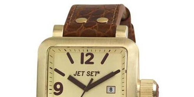 Hnědo-zlaté hranaté analogové hodinky Jet Set