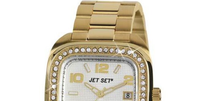 Dámské zlaté analogové hodinky osázené krystaly Jet Set
