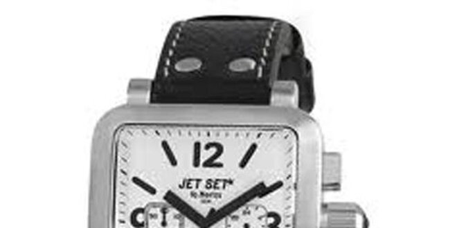 Pánské stříbrno-černé analogové hranaté hodinky Jet Set s koženým řemínkem