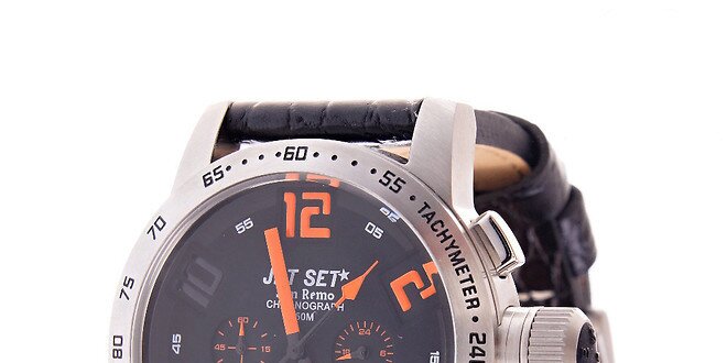 Pánské ocelové hodinky Jet Set s černým koženým řemínkem a oranžovými indexy