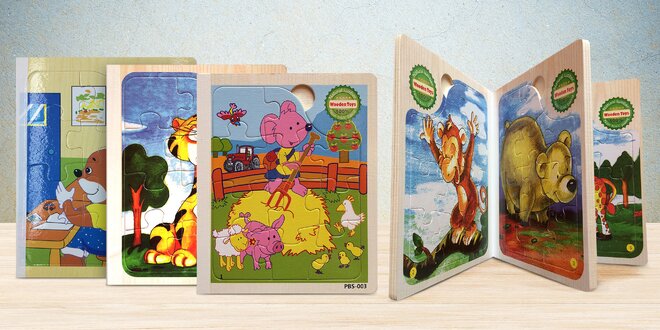 6 dětských puzzle skládanek ve dřevěném albu