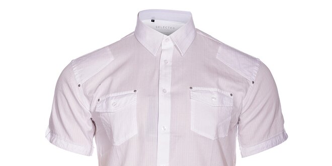 Pánská bílá košile Selected s krátkým rukávem a jemným vyšívaným proužkem