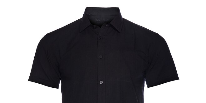 Pánská černá košile Selected s jemným proužkem a krátkým rukávem