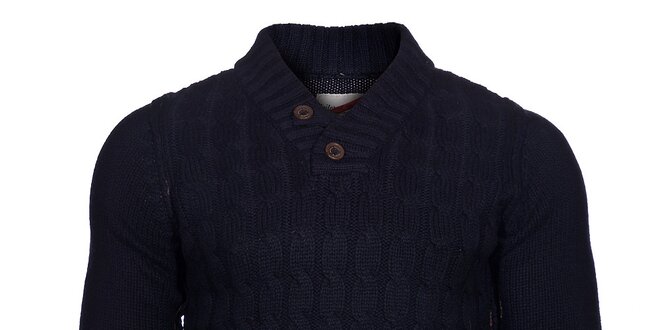 Pánský tmavě modrý pletený svetr Selected s copánkovým vzorem a záplatami