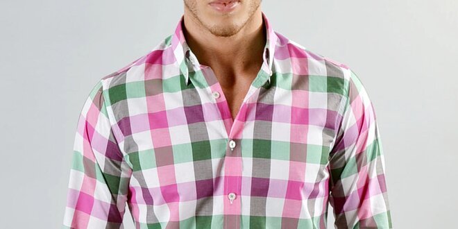 Pánská růžovo-zeleno-bíle kostkovaná košile Marcel Massimo