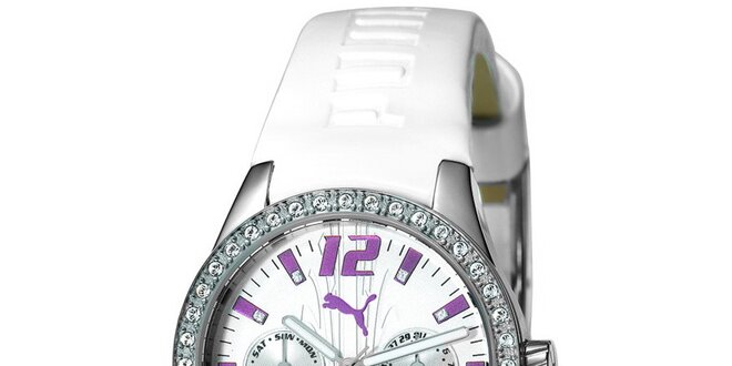 Dámské bílé analogové hodinky s fialovými detaily Puma