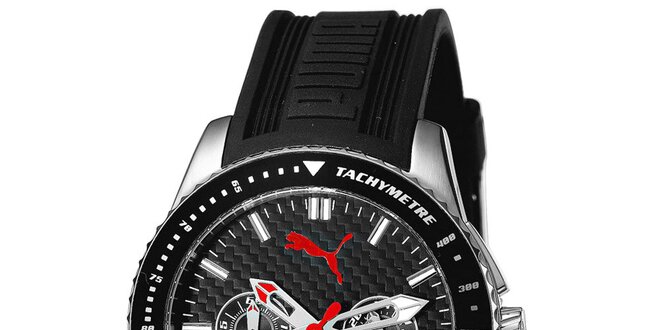 Pánské hodinky s černým řemínkem a tachymetrem Puma