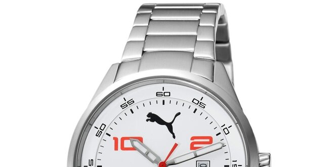 Pánské stříbrné hodinky s červenými číslicemi Puma