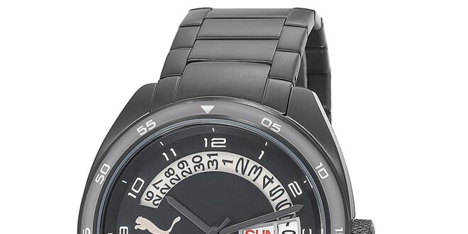 Pánské černé ocelové hodinky s bílými číslicemi Puma
