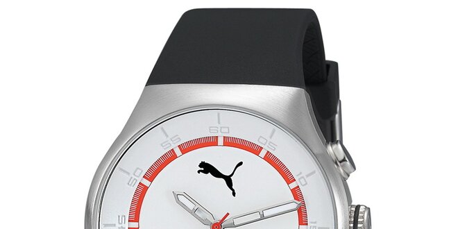 Pánské stříbrné hodinky s červeným proužkem a chronografem Puma