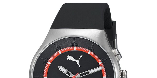Pánské stříbrné hodinky s černým ciferníkem a chrnografem Puma