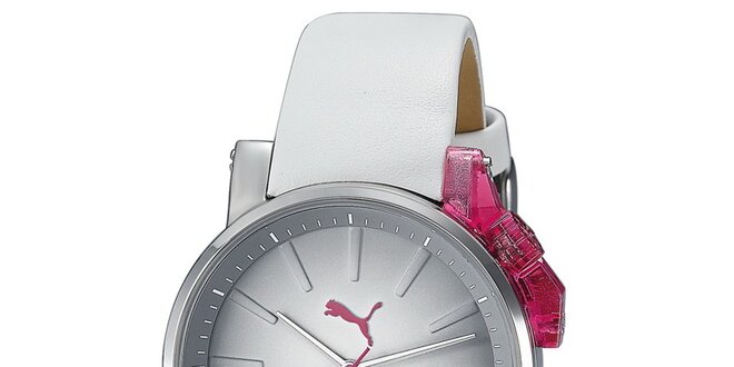 Dámské stříbrno-bílé hodinky s růžovými detaily Puma