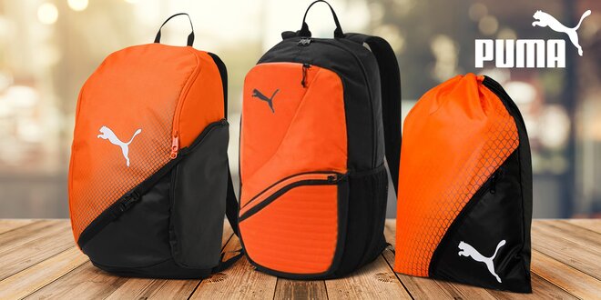 Oranžovo-černé sportovní batohy a gymsack Puma