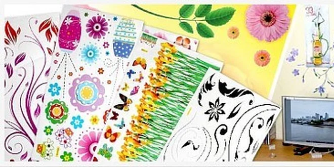 30 Kč za celobarevnou samolepku na stěnu, notebook k výběru 100 druhů