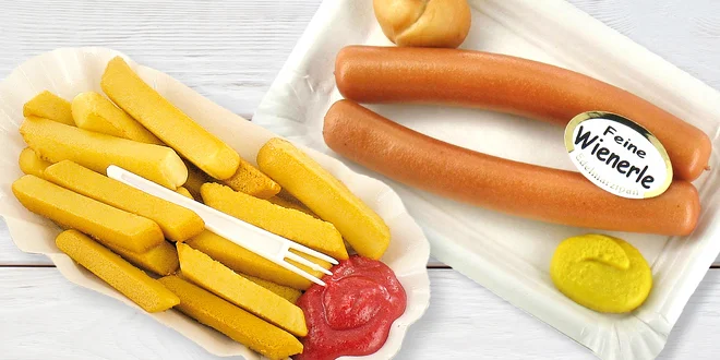 Originální marcipán: párky, hranolky i kuře