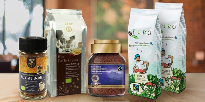 Balení fair trade kávy: zrnková, mletá i instantní