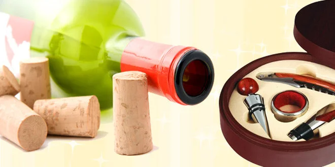 159 Kč za dárkový set pro milovníky vína, vývrtka, nálevka, zátka a další