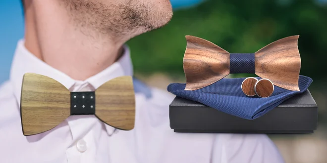 Dřevěný motýlek s kapesníčkem a knoflíčky