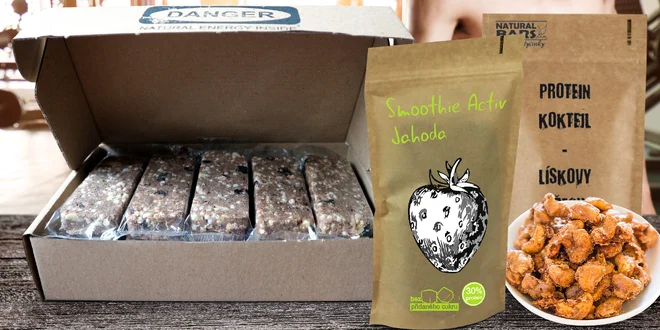 Proteinové a energetické tyčinky, oříšky i koktejly