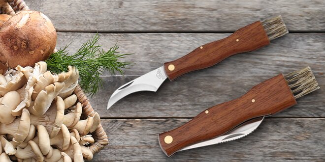 Houbařský nůž s dřevěnou rukojetí a kartáčkem