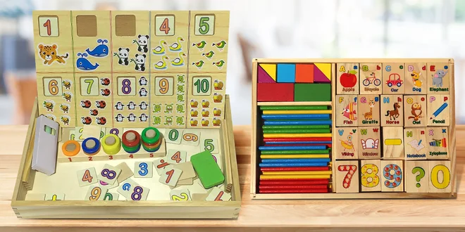 Dřevěné tabulky s obrázky i číslicemi pro děti