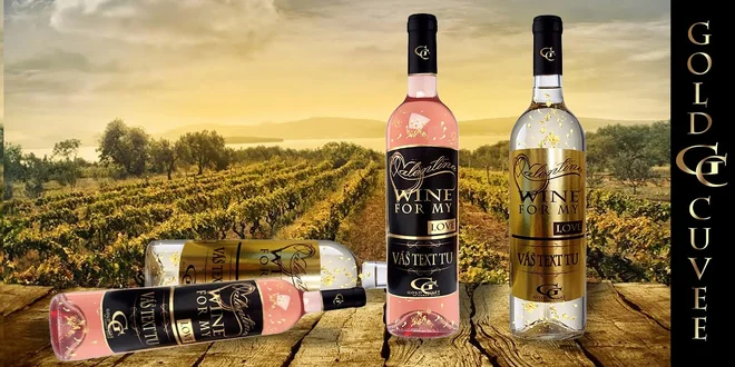 Valentínske Gold Cuvee 23-karátové zlato s etiketou podľa vlastného návrhu
