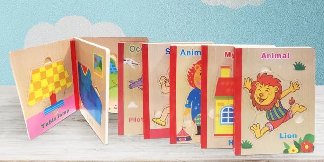 Dětská dřevěná puzzle knížka: 5 veselých motivů