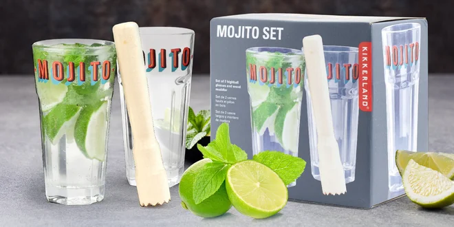 Set na mojito i jiné drinky: sklenice a palička