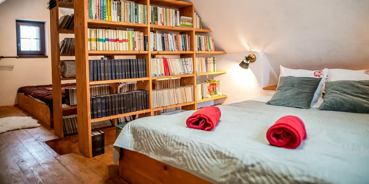 Otvorený spací priestor na poschodí je šikovne predelený 2 knižnicami od podlahy po strop.