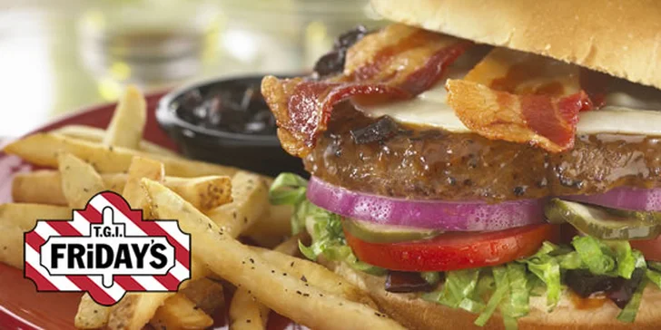399 Kč za menu pro DVA v T.G.I. Friday´s Karlova: 2x předkrm Loaded Potato Skins a 2x nejoblíbenější Jack Daniel´s Burger. Přijďte ve dvou na nejoblíbenější šťavnaté burgery ze 100% hovězího masa a ušetřete 521Kč!!