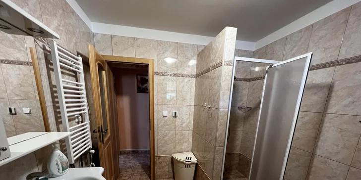 Samostatná koupelna je vybavena sprchovým koutem a toaletou.