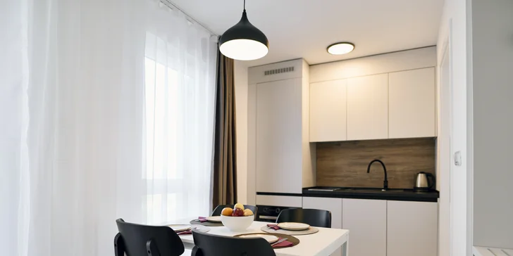 Súčasťou apartmánu je vždy elegantná a funkčná kuchyňa s chladničkou, rúrou, elektrickým sporákom a rýchlovarnou kanvicou.