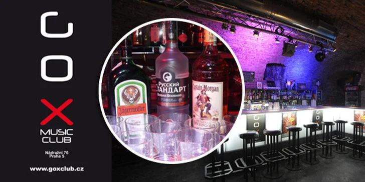 Pouze 299Kč za 10 VELKÝCH panáků - Captain Morgan Spiced, Jaggermeister nebo Russian Standard Vodka. Rozjeďte to s přáteli ve velkém v GOX Music Clubu na Smíchově se slevou 50%!