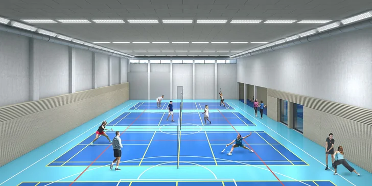 Badmintonová hala odpovídá standardům pro mezinárodní soutěže.