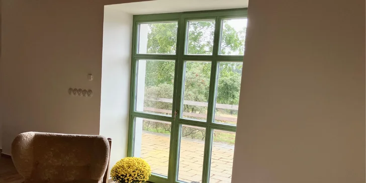 Z apartmánu je vchod na terasu a přilehlou louku.