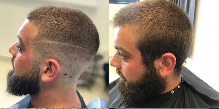 Pánský střih i úprava vousů se skleničkou whiskey v barber shopu