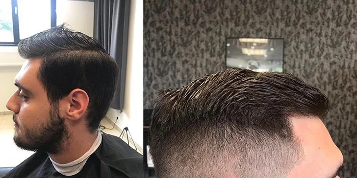 Pánský střih i úprava vousů se skleničkou whiskey v barber shopu